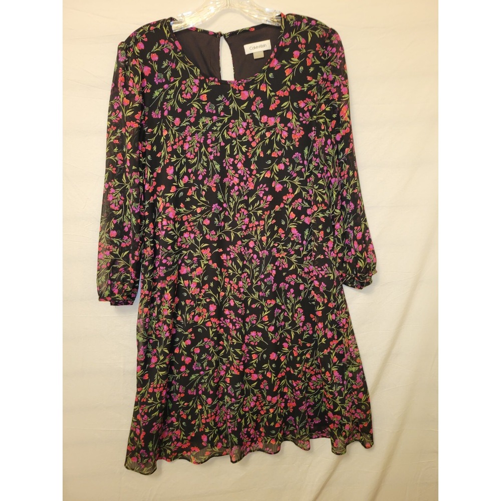 Calvin Klein Floral Chiffon Shift Dress Black Pink Purple Long Sleeve Size 8